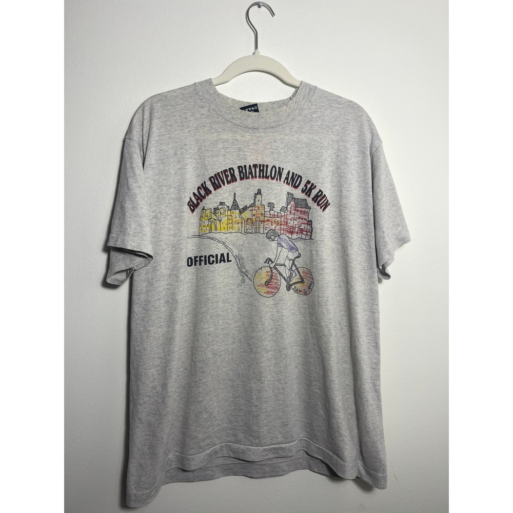 Vintage 1994 Black River Biathlon‎ 5K Run T-Shirt Gray Fruit of the Loom Best